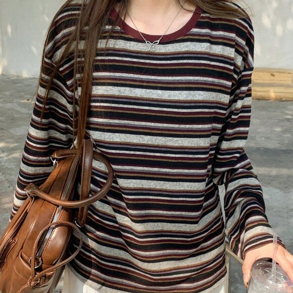 Burgundy Women's Casual Preppy Striped Print Crew Neck T-Shirt - Picture 3 of 8